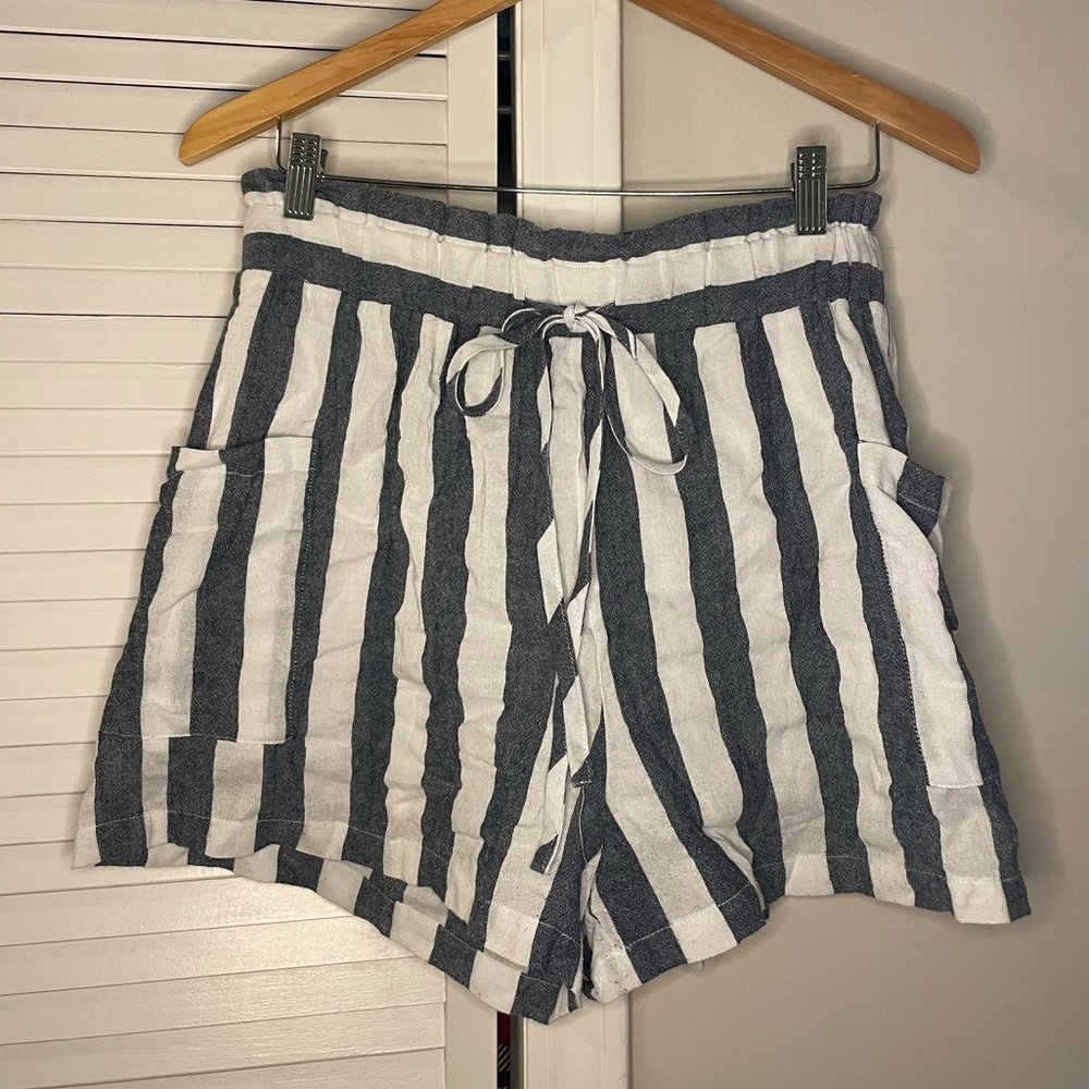 Cotton, Blue & White Stripe Shorts with Elastic Waist